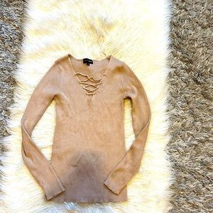 Tan Ribbed Lace-Up Sweater